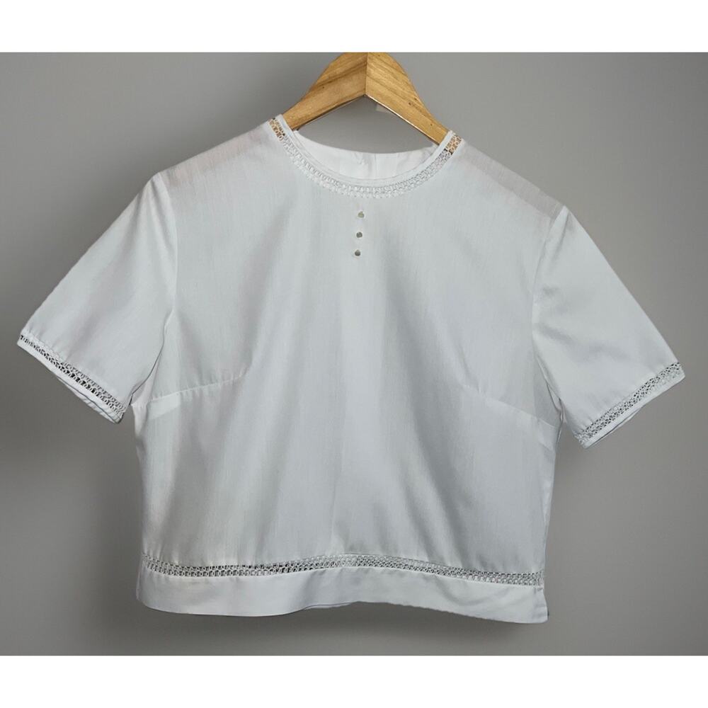 Vtg 50s 60s White Cropped Blouse Mod Back Button Tatted Lace Union Label XS/S